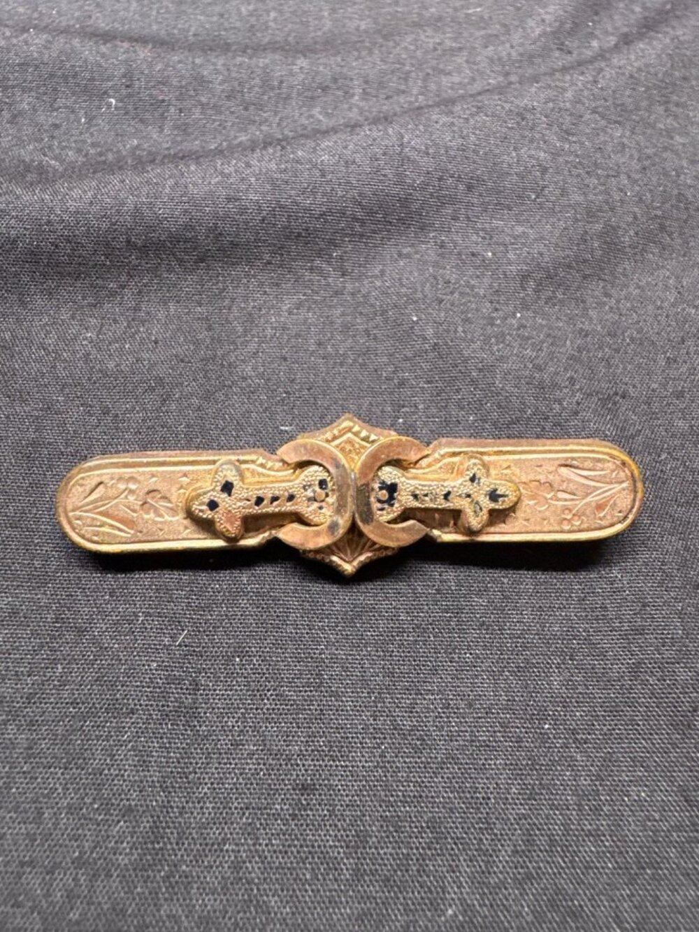 Victorian Gold-Tone Bar Brooch Engraved Floral Cross Design Antique Pin Back 2"